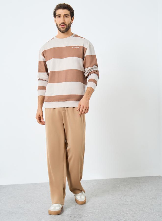 Styli Beige Striped Relaxed Fit Fleece Sweatshirt - Image 2