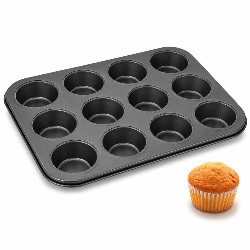 Muffin Pan, 12-Cup Non-Stick Cupcake Baking Tray, Reusable Round Cake Mold for Muffins, Cupcakes, Cheesecakes and Desserts, KK-24 (Black) - Image 1