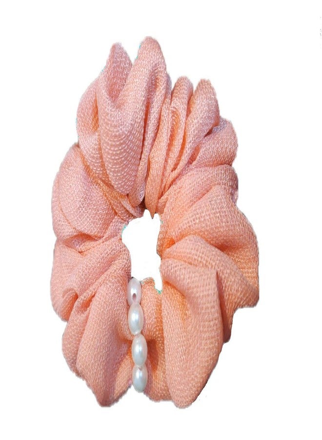IBDA Luxe Pearl Embedded Unique Peach (Pack of 01) Hair Scrunchies, Solid Colour Hair Ties, Handmade,Head Accessories (Adjustable Size) - Image 2
