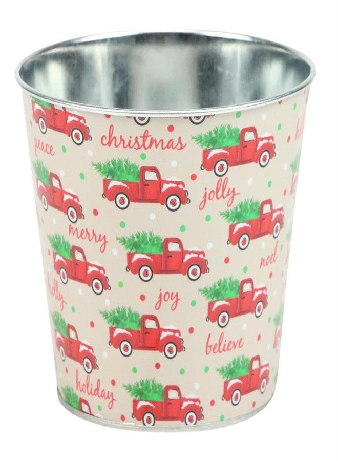 GiftWrap Etc. Rustic Trucks Christmas Tin Pot - 5" Diameter,. 4.5" Tall, Natural, Red, Green, Christmas Tree, Home Decor, Flower Pot, Garden Decor, Festive Succulent Pot, Gift Basket, Candle Holder