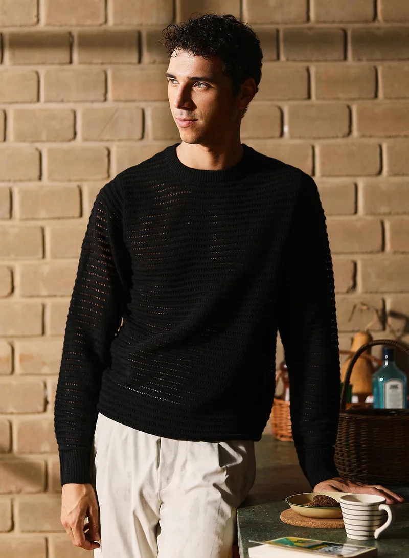 Campus Sutra Men Loose-Knit Pullover Sweater | Crew Neck, Long Ribbed Cuff Sleeves | Pull On , Ribbed-Straight Hem | Solid Jacquard | Knitted Fabric For Casual & Daily Wear | Obsidian Black