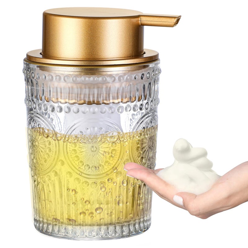 MKLZ 8 Oz Glass Foam Soap Dispenser Clear Hand Liquid Bottles with Gold Plastic Pump Refillable Round Foaming Lotion Dispensing for Kitchen Sink  Bathroom Counter