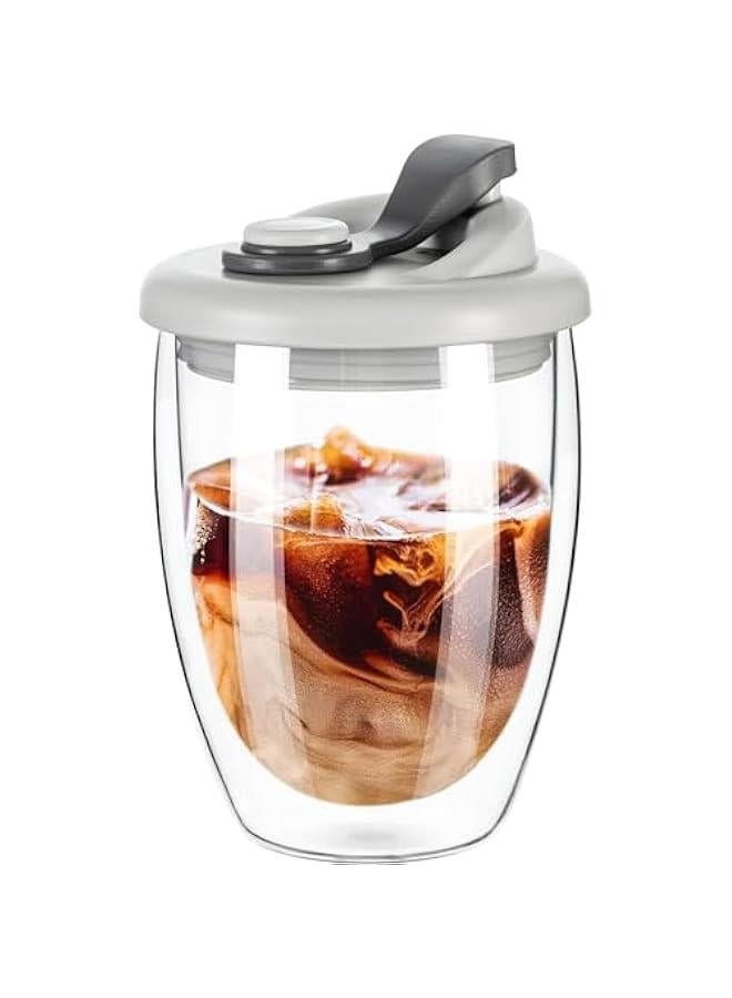 TRASSLE Double Wall Glass Coffee Mug, Glass Coffee Cup with Silicone Lid 12 OZ, Insulated Coffee Mug for Milk, High Borosilicate Glass Double Walled Cup for Travel & Home - Image 1