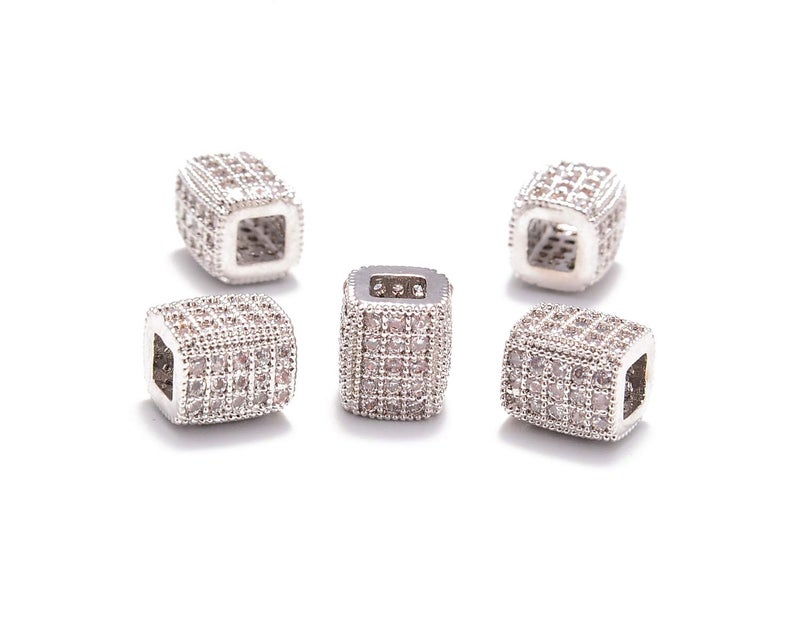 AD Beads Zircon Pave Rhinestones Rectangular Square beads for Bracelet Connector Spacer Beads 5 Pcs Clear on Silver Tube Rectangular Beads 6x7mm