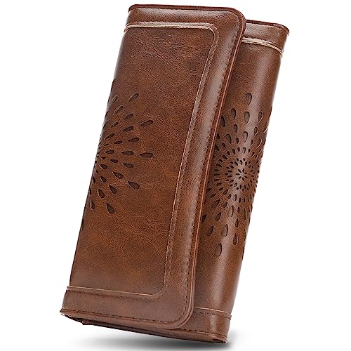 APHISON Ladies Soft PU Leather Long Wallet Trifold Clutch Purse Credit Card Holder Case for Women With Gift Box 2214 (COFFEE) - Image 1