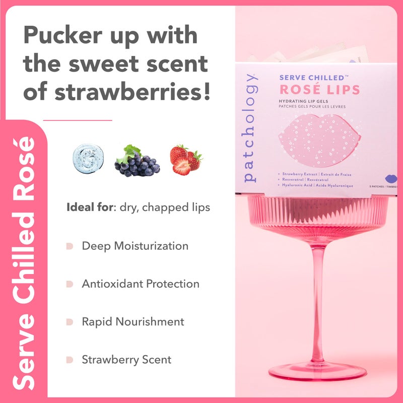 Patchology Serve Chilled RosÃ© Gel Lip Mask â€“ Hydrating Mask with Resveratrol & Hyaluronic Acid for Soft Feel, Plumping & Moisture â€“ Strawberry Scented, Solution for Dry or Chapped Lips, 5 Count - Image 4