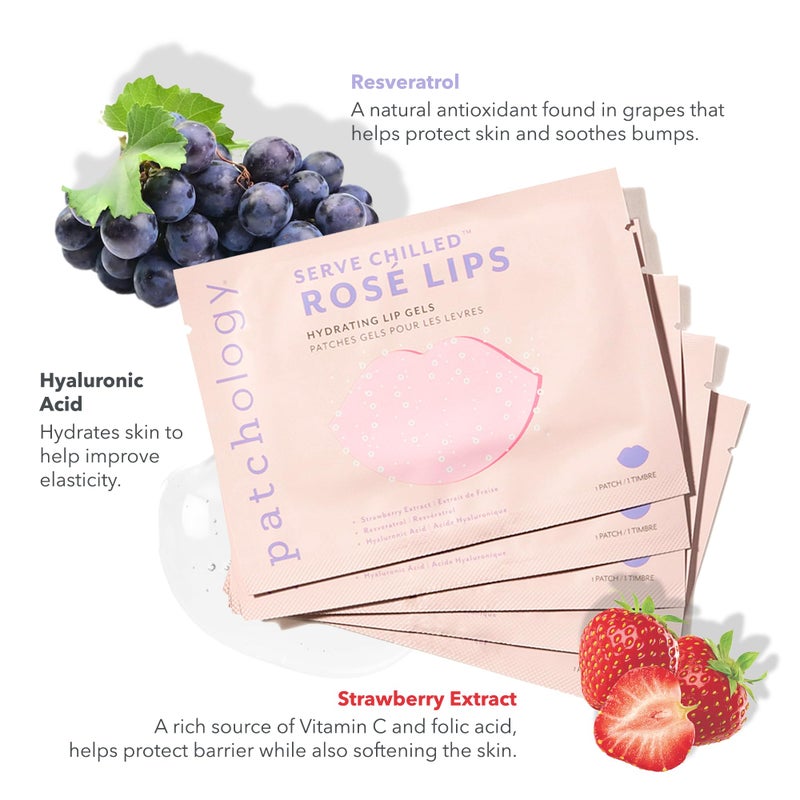 Patchology Serve Chilled RosÃ© Gel Lip Mask â€“ Hydrating Mask with Resveratrol & Hyaluronic Acid for Soft Feel, Plumping & Moisture â€“ Strawberry Scented, Solution for Dry or Chapped Lips, 5 Count - Image 3