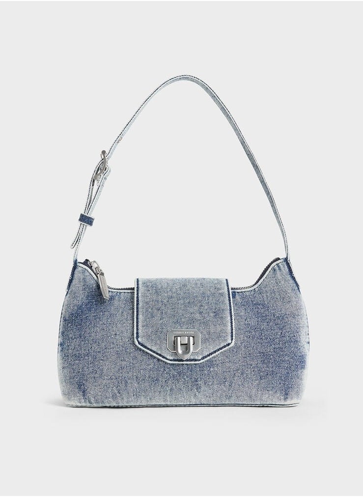 Charles & Keith Arwen Denim Belted Shoulder Bag &Crossbody Bag - Denim Blue  - Image 1