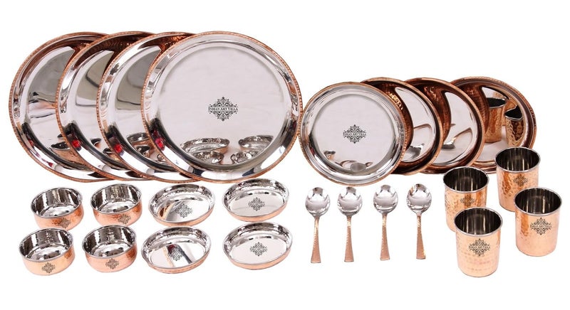 INDIAN ART VILLA Indian Art Villa Steel Copper 24 Piece Dinner Thali Set Serving Food Dishes Tableware Kitchen Dining Tableware  - Image 1