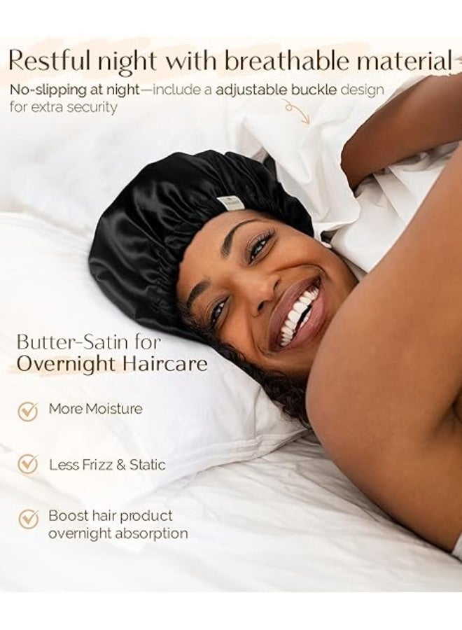 قبعة النوم الكبيرة للنساء من الساتان للاستيقاظ، سوداء/سوداء، فائقة الكبر، مزدوجة الطبقات، فائقة النعومة، لشعر طبيعي - Image 4