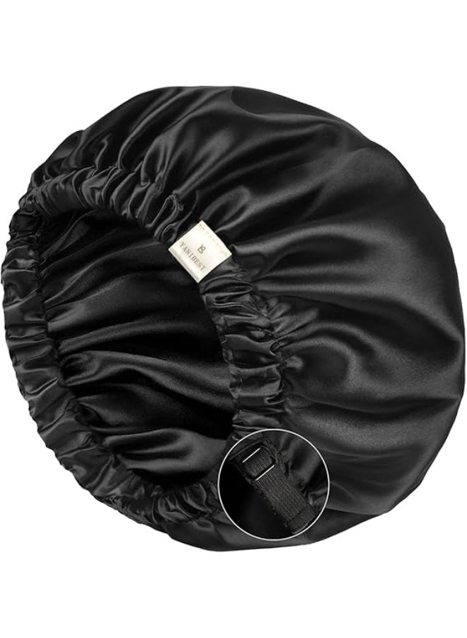 قبعة النوم الكبيرة للنساء من الساتان للاستيقاظ، سوداء/سوداء، فائقة الكبر، مزدوجة الطبقات، فائقة النعومة، لشعر طبيعي - Image 1