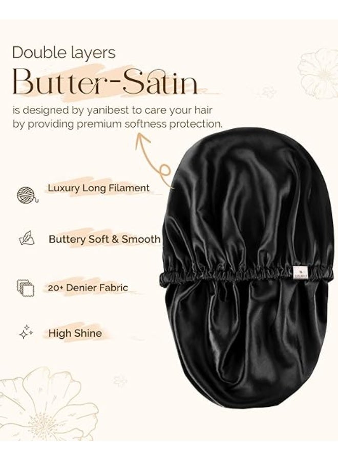 قبعة النوم الكبيرة للنساء من الساتان للاستيقاظ، سوداء/سوداء، فائقة الكبر، مزدوجة الطبقات، فائقة النعومة، لشعر طبيعي - Image 3