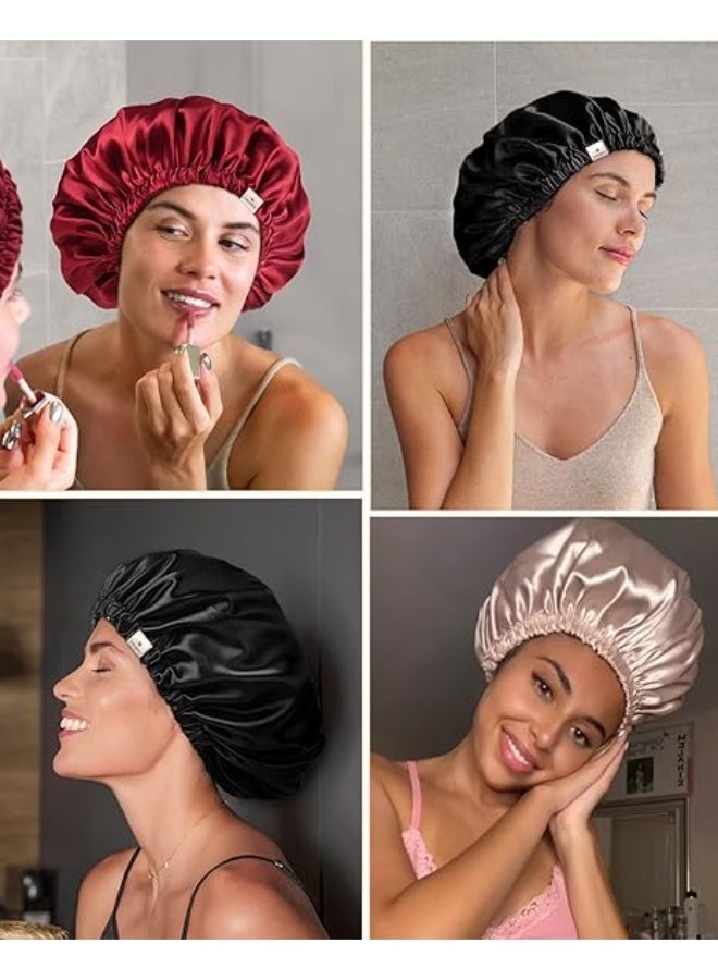 قبعة النوم الكبيرة للنساء من الساتان للاستيقاظ، سوداء/سوداء، فائقة الكبر، مزدوجة الطبقات، فائقة النعومة، لشعر طبيعي - Image 2