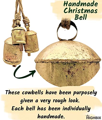 HIGHBIX Set of 3 Giant Harmony Cow Bells Huge Vintage Shabby Chic Handmade Rustic Lucky Christmas Hanging XL Bells On Rope Country Rustic (Small) - Image 4
