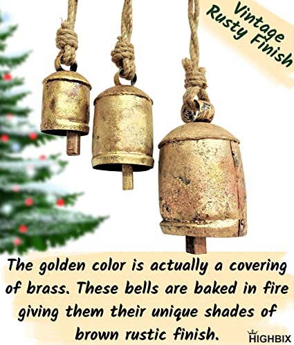 HIGHBIX Set of 3 Giant Harmony Cow Bells Huge Vintage Shabby Chic Handmade Rustic Lucky Christmas Hanging XL Bells On Rope Country Rustic (Small) - Image 5