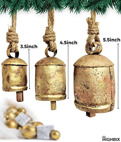 HIGHBIX Set of 3 Giant Harmony Cow Bells Huge Vintage Shabby Chic Handmade Rustic Lucky Christmas Hanging XL Bells On Rope Country Rustic (Small) - Image 2