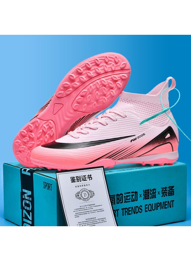 2501 Pink Nails High-top Football Shoes Tf Broken Nail Artificial Ping Ag Nail Leather Foot Training Shoes For Boys And Girls Children And Teenagers