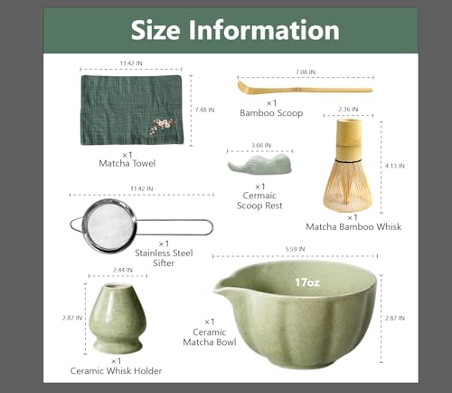 Domaci Matcha Whisk Set, 7 Pcs Japanese Matcha Kit Includes Matcha Bowl with Spout, Bamboo Whisk, Chasen Holder, Stainless Sifter, Scoop and Rest, Tea Towel, Matcha Tea Set Gift for Family/Friend - Image 5