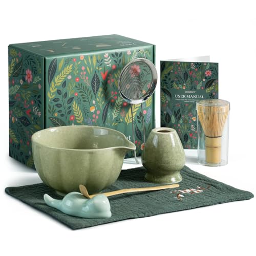 Domaci Matcha Whisk Set, 7 Pcs Japanese Matcha Kit Includes Matcha Bowl with Spout, Bamboo Whisk, Chasen Holder, Stainless Sifter, Scoop and Rest, Tea Towel, Matcha Tea Set Gift for Family/Friend - Image 1