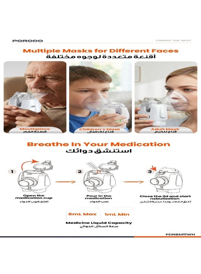 porodo Portable Nebulizer / Rechargeable USB-C Design / Quiet Operation / Fine Mist Technology / 8mL Capacity / Lightweight Compact Body / Adult & Pediatric Use - White - Image 4