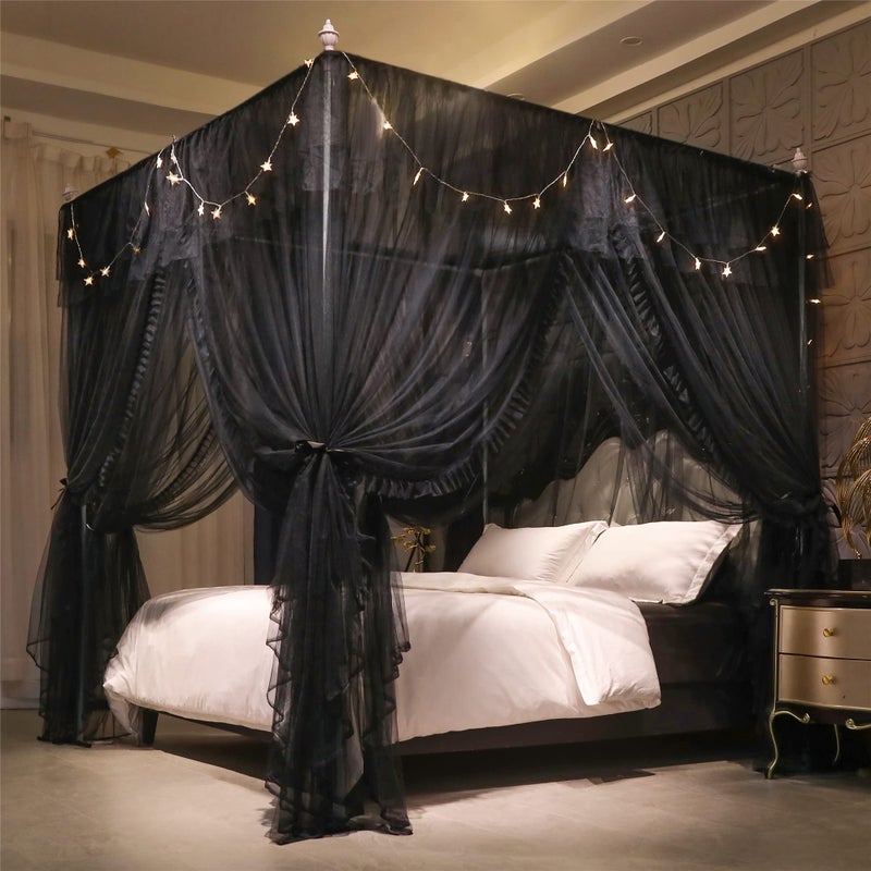 VETHIN 4 Corners Post Ruffle Princess Bed Canopy CurtainDouble Layer Cozy Drape Netting 4 Opening Mosquito Net for Girls Adults Bedroom Decoration DoubleBlack 53 W78 L82HFull
