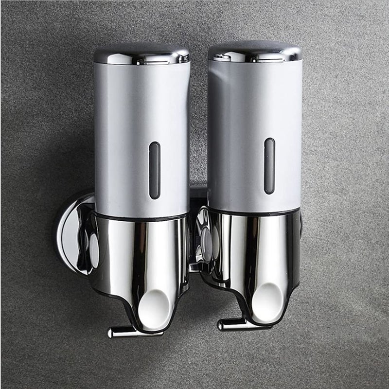 2 Chamber Wall Mounted Bathroom Shower Pump Dispenser and OrganizerHolds Shampoo Soap Conditioner Shower Gel for Bathroom Kitchen Hotel Silver 2 Chamber