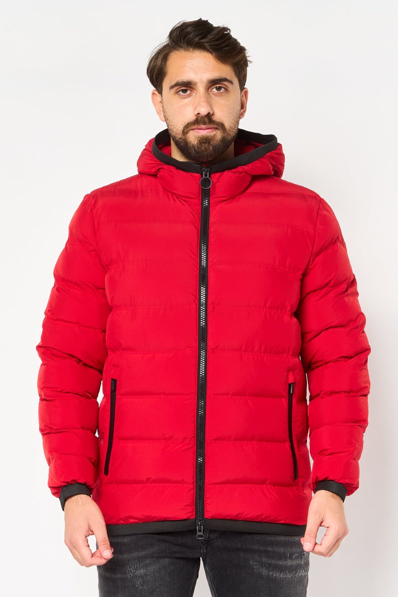 GEOX Men Quilted Hooded Puffer Jacket, Red - Image 1
