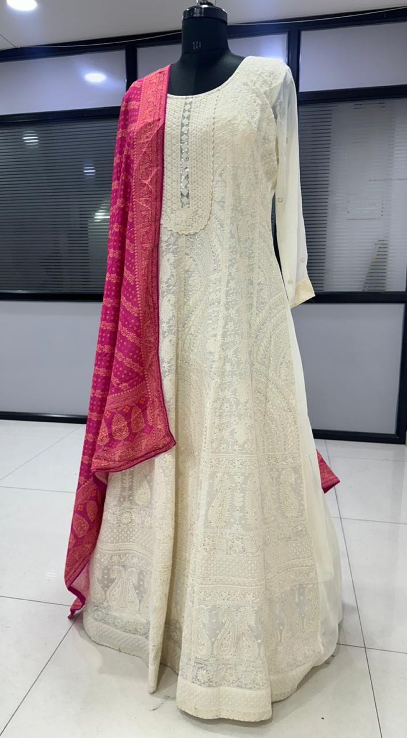 ANAITA White Georgette Free Size Stitched Anarkali Suit with Embroidery & Sequence Work - Image 3