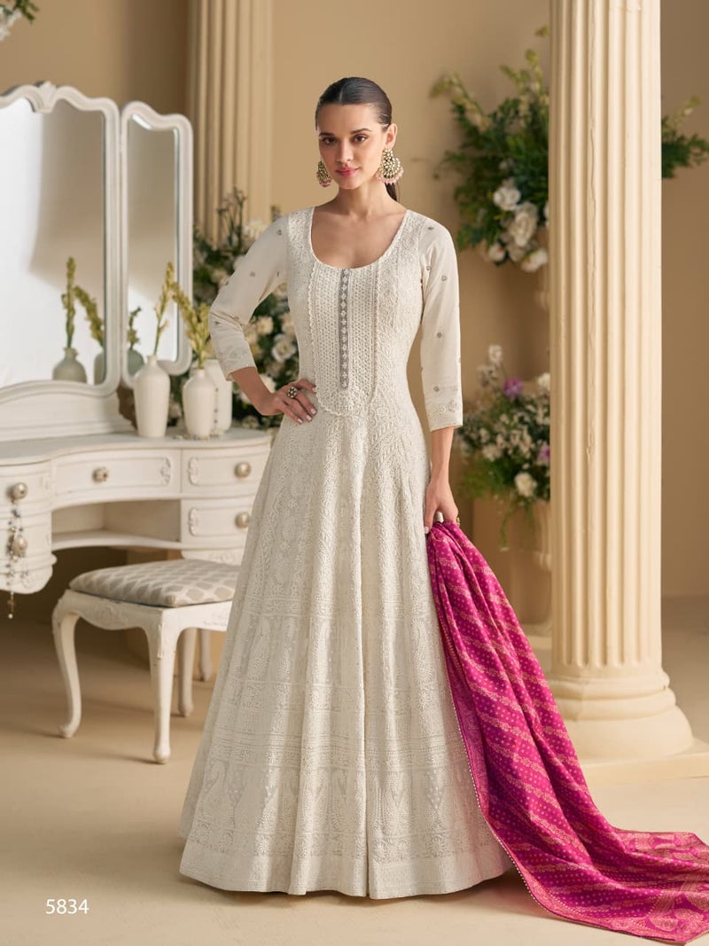 ANAITA White Georgette Free Size Stitched Anarkali Suit with Embroidery & Sequence Work - Image 1