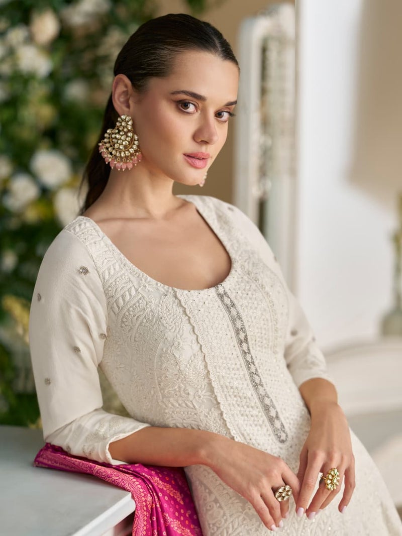 ANAITA White Georgette Free Size Stitched Anarkali Suit with Embroidery & Sequence Work - Image 2
