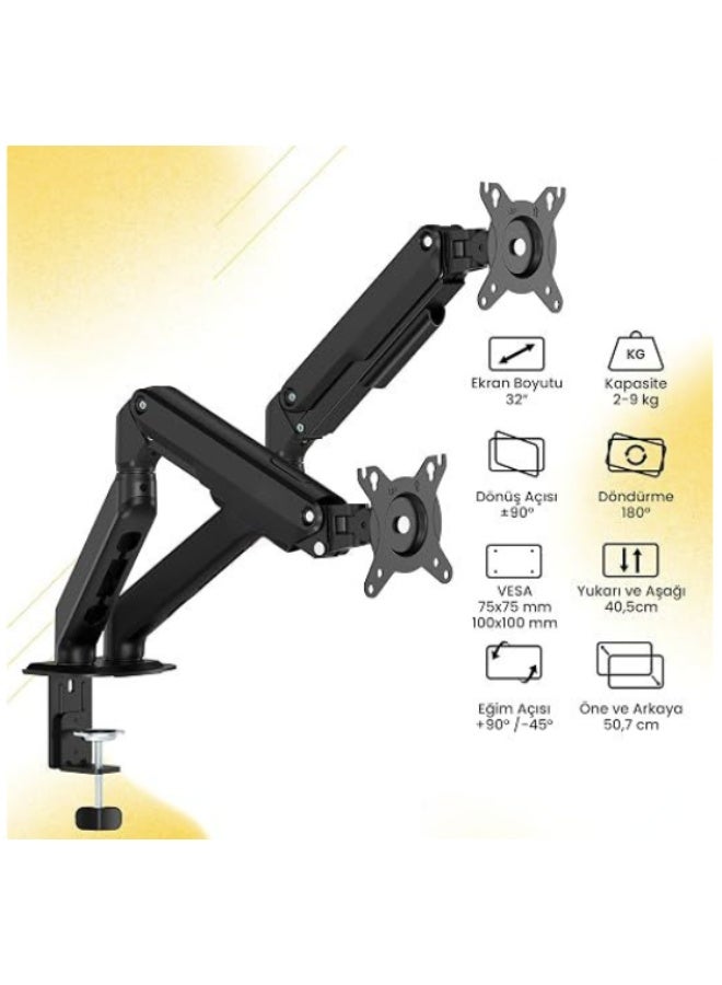 Dual Arm Monitor Stand with Shock Absorber Gas Spring Full Motion Rotatable Desktop Mount Bracket for Two Screens - Image 2