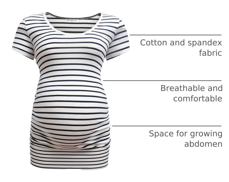 Bearsland Womens Maternity Tshirt 3 Packs Classic Side Ruched Tee Top Mama Pregnancy Clothes,witstripe+red+Blue,M - Image 4