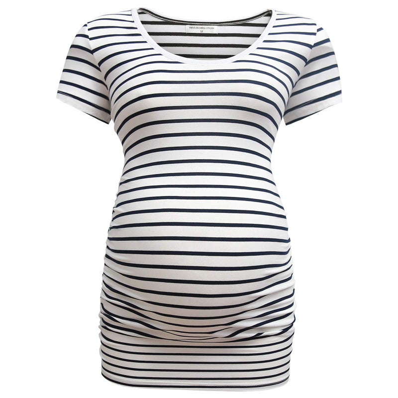 Bearsland Womens Maternity Tshirt 3 Packs Classic Side Ruched Tee Top Mama Pregnancy Clothes,witstripe+red+Blue,M - Image 2