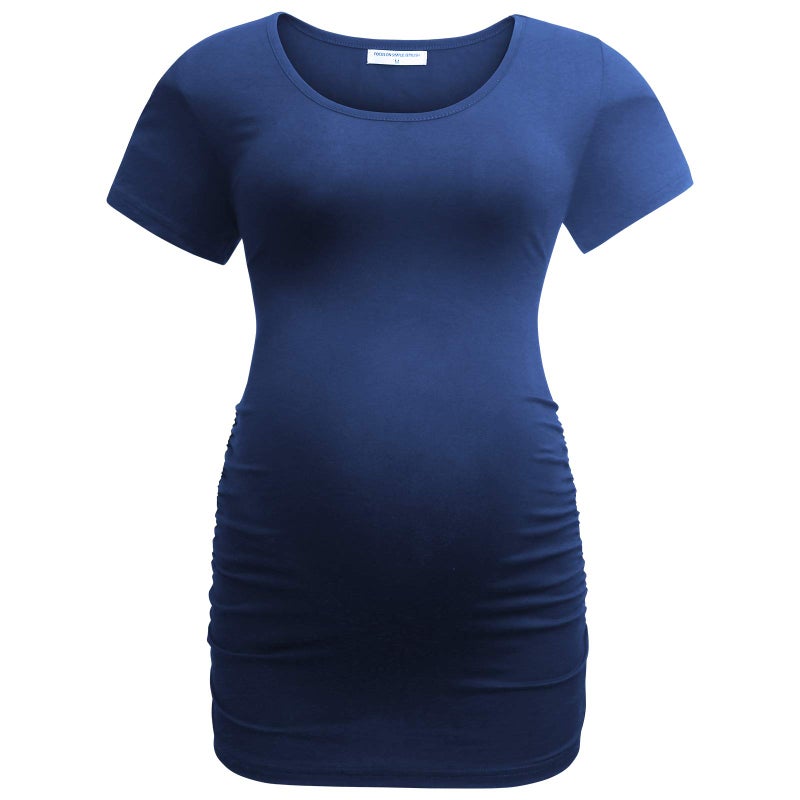 Bearsland Womens Maternity Tshirt 3 Packs Classic Side Ruched Tee Top Mama Pregnancy Clothes,witstripe+red+Blue,M - Image 5