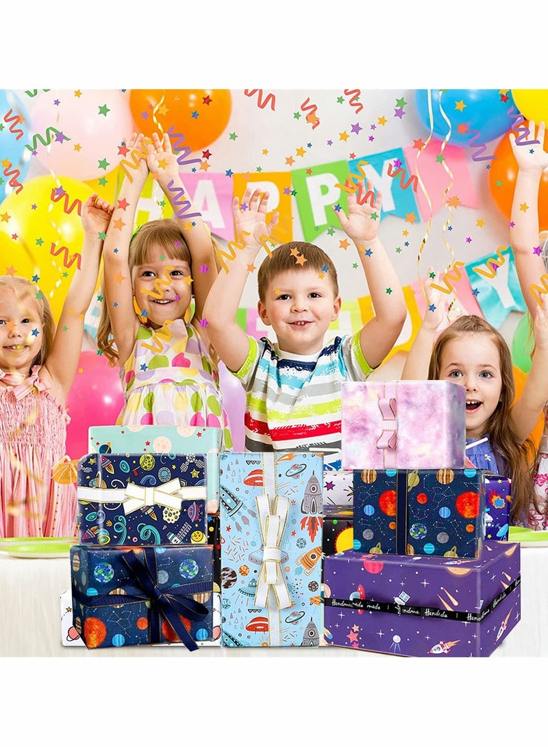 Excefore 5 Outer Space Boys and Girls Birthday Wrapper Paper Ribbon Recyclable Gift Wrapper Set for Birthday Party Holiday Decoration DIY Artwork Supplies - Image 4