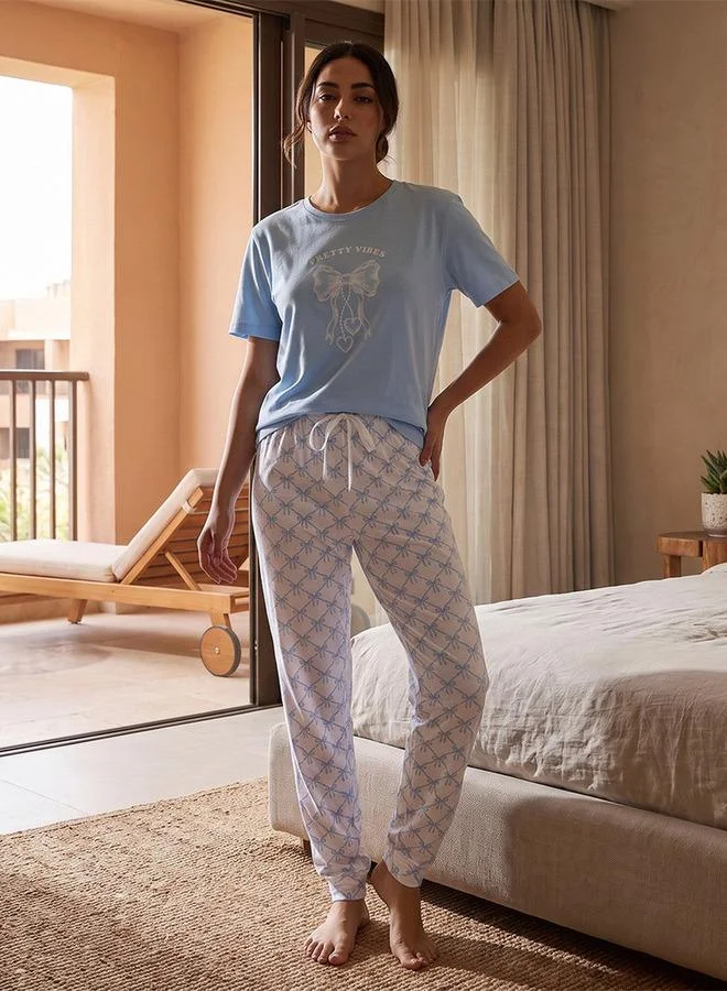 Splash FAV Fav Printed Crew Neck T-shirt and Pyjamas Set