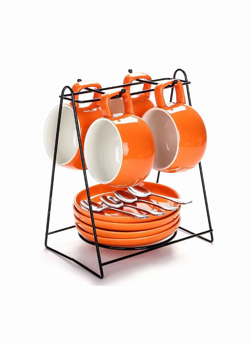 12-Pieces/Set Ceramic Coffee Cup Contains Coffee Rack,Solid Colour Simple Design Coffee Cup Set with 4 Stainless Steel Spoons/4 Cups/4 Saucers - Image 3