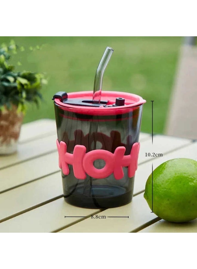 Generic - Glass Tumbler with Glass Straw and Lid 350 ml, Glass Cup with Silicone Sleeve, Glass Coffee Mugs for Straw and Direct Drinking Mouth Dual Use, Summer Travel Essential Bottle (Pink) - Image 1