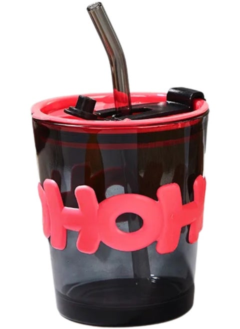Glass Tumbler with Glass Straw and Lid 350 ml, Glass Cup with Silicone Sleeve, Glass Coffee Mugs for Straw and Direct Drinking Mouth Dual Use, Summer Travel Essential Bottle (Pink)