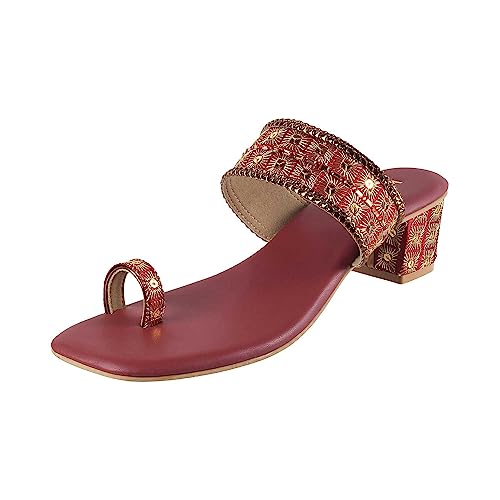 Metro Women Maroon Ethnicwear Block Heel Sandal UK/4 EU/37 (35-321) - Image 1