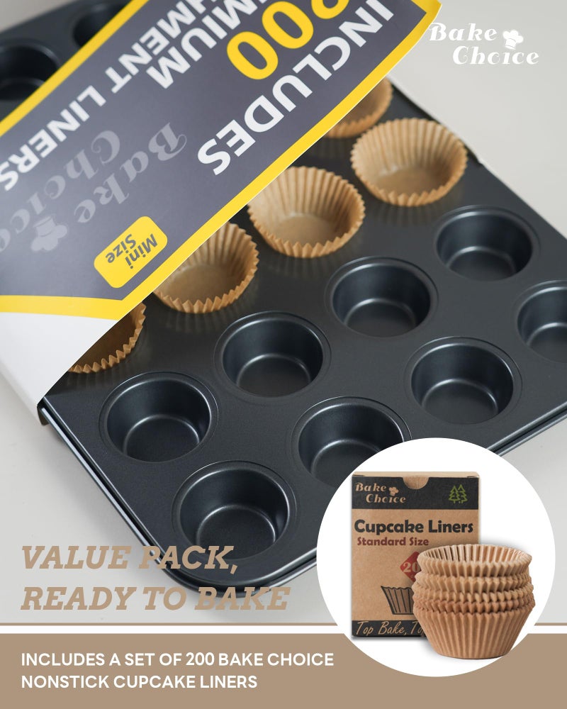Bake Choice Mini Muffin Pan includes 200 Natural Cupcake Liners, Mini Cupcake Pans Nonstick 24 Cup, Muffin Tin, Carbon Steel Baking Supplies - Image 2