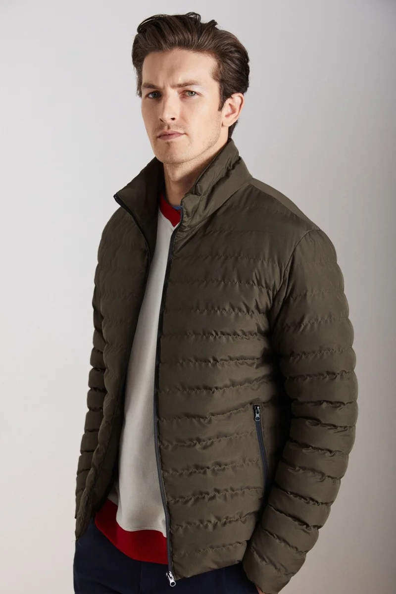 GRIMELANGE Alaska Men's Microfiber Winter Warm Stand Collar Regular Lined Zippered Khaki Coat