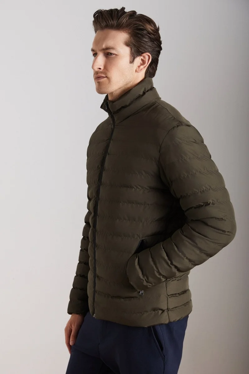 GRIMELANGE Alaska Men's Microfiber Winter Warm Stand Collar Regular Lined Zippered Khaki Coat