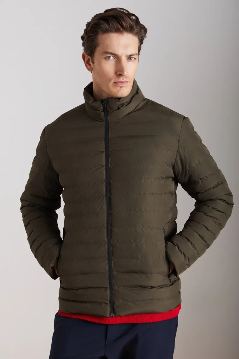 GRIMELANGE Alaska Men's Microfiber Winter Warm Stand Collar Regular Lined Zippered Khaki Coat