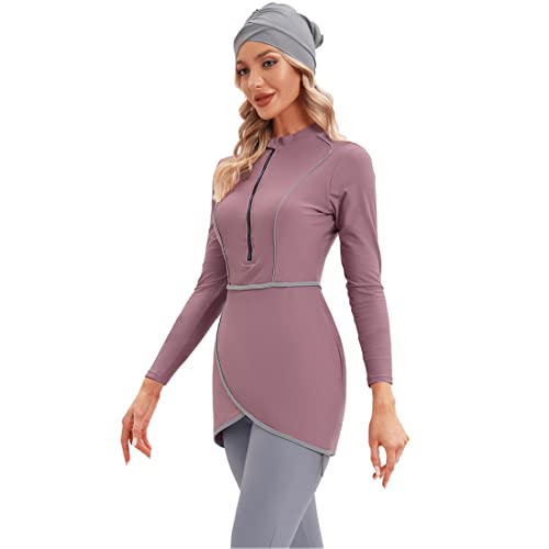 YONGSEN 2024 Women Modest Muslim Swimwear Patchwork Hijab Sport Long Sleeves Swimsuit 3pcs Islamic Burkinis Wear Bathing Suit (Purple, 3X-Large) - Image 3
