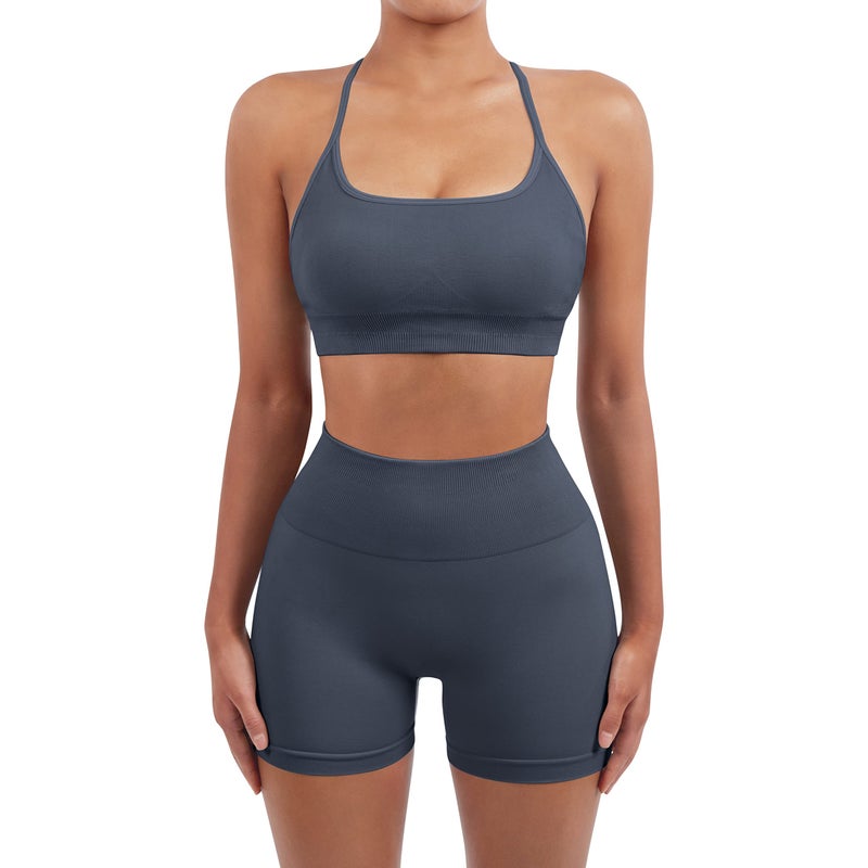 SUUKSESS Women Seamless 2 piece Workout Sets Strappy Padded Sports Bra Booty High Waisted Shorts Outfits (Blue,S) - Image 4