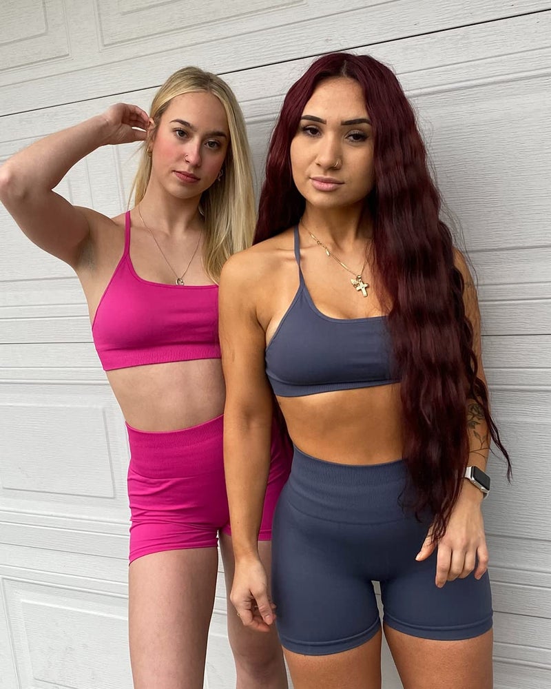 SUUKSESS Women Seamless 2 piece Workout Sets Strappy Padded Sports Bra Booty High Waisted Shorts Outfits (Blue,S) - Image 3
