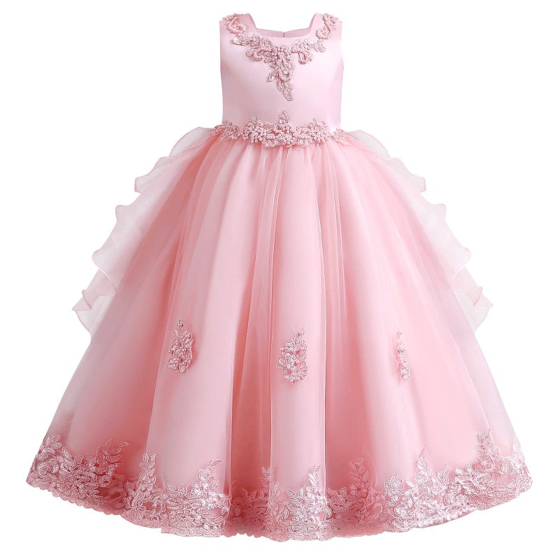 Flower Girls Dresses for Wedding Vintage Floral Lace Princess Long Train Dress Kids Beaded Embroidered Bridesmaid Pageant Dress Communion Puffy Prom Evening Formal Maxi Ball Gown BeadedPink 67 Years