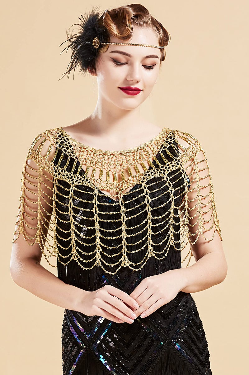BABEYOND 1920s Shawl Wraps Gatsby Beaded Evening Cape Bridal Shawl Bolero Flapper Cover Up (Gold) - Image 2