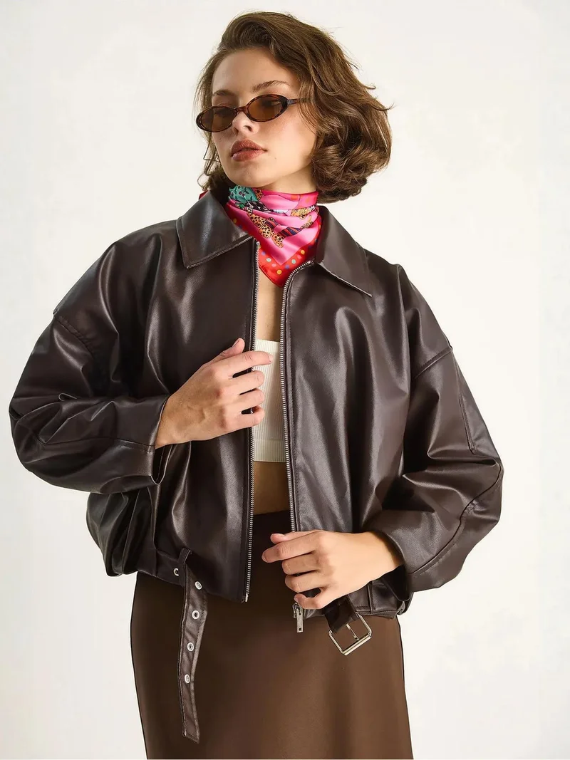 Bianco Lucci Coffee Brown LUCCI Faux Leather Bomber Jacket with Zipper Closure for Women | Best Price UAE